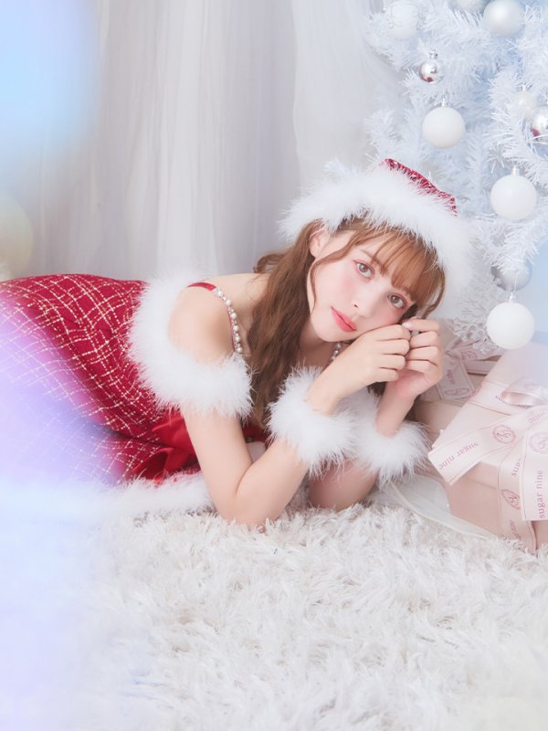 画像11: 【即日発送！】【サンタコス 5点セット】【S-XLサイズ/1カラー】リボンキャミソールフレアツイードサンタコスプレ[OF04] (11)