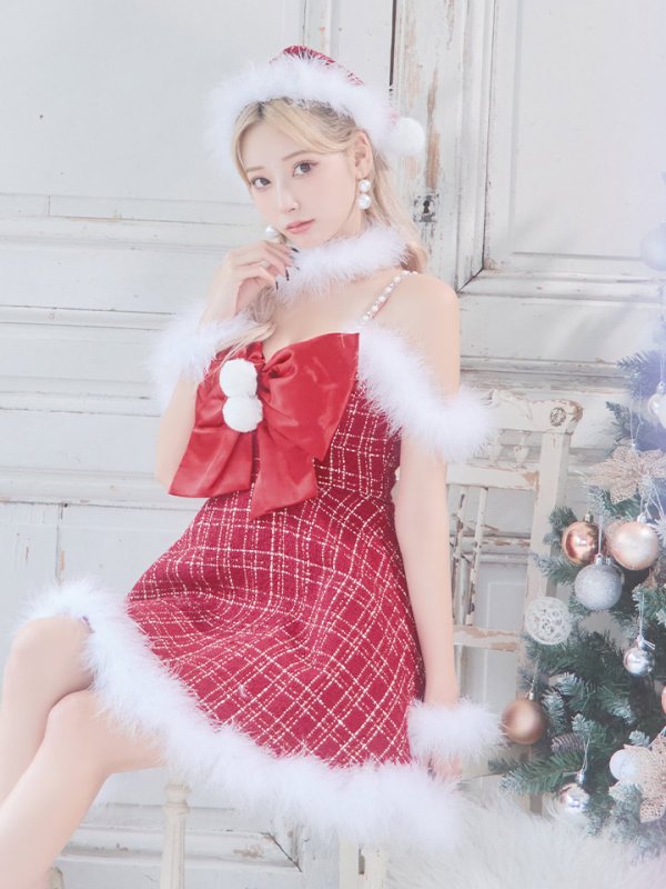 画像20: 【即日発送！】【サンタコス 5点セット】【S-XLサイズ/1カラー】リボンキャミソールフレアツイードサンタコスプレ[OF04] (20)