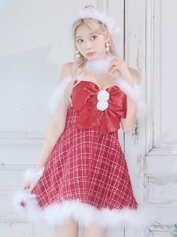 画像21: 【即日発送！】【サンタコス 5点セット】【S-XLサイズ/1カラー】リボンキャミソールフレアツイードサンタコスプレ[OF04] (21)