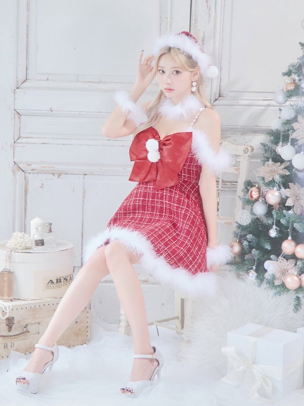 画像30: 【ノベルティ対象】【即日発送！】【サンタコス 5点セット】【S-XLサイズ/1カラー】リボンキャミソールフレアツイードサンタコスプレ[YMT] (30)