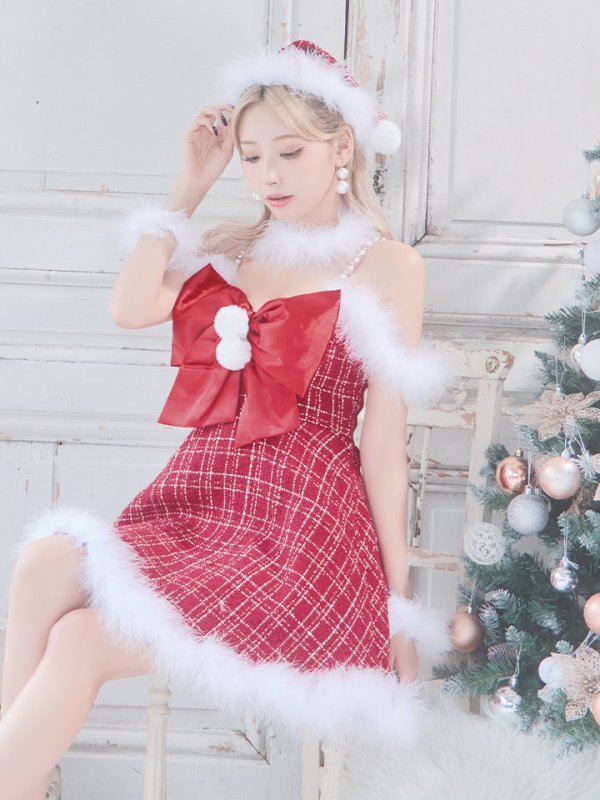 画像33: 【ノベルティ対象】【即日発送！】【サンタコス 5点セット】【S-XLサイズ/1カラー】リボンキャミソールフレアツイードサンタコスプレ[YMT] (33)