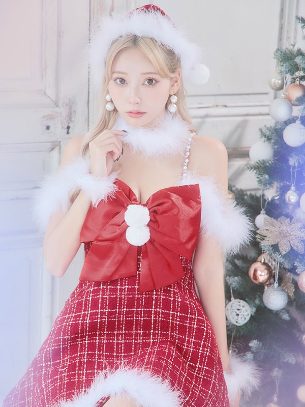 画像27: 【即日発送！】【サンタコス 5点セット】【S-XLサイズ/1カラー】リボンキャミソールフレアツイードサンタコスプレ[OF04] (27)
