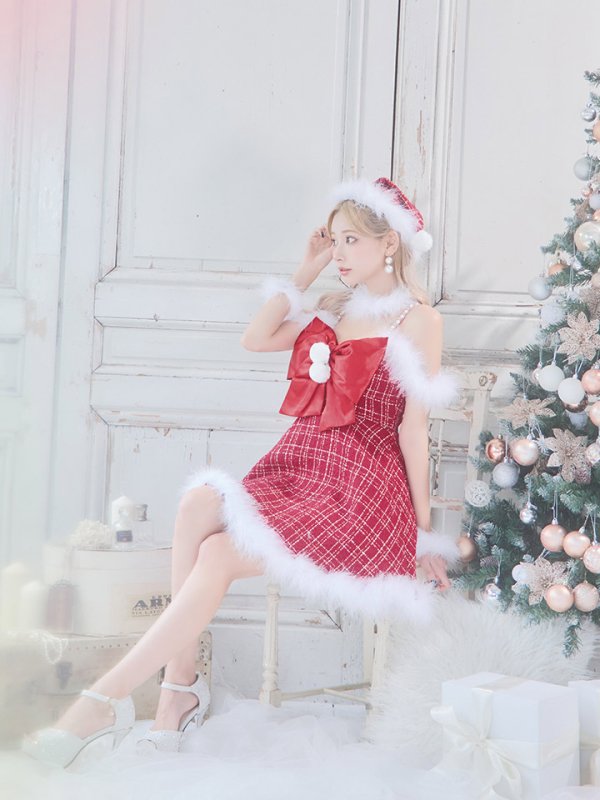 画像29: 【即日発送！】【サンタコス 5点セット】【S-XLサイズ/1カラー】リボンキャミソールフレアツイードサンタコスプレ[OF04] (29)