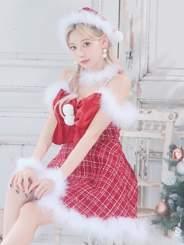 画像14: 【即日発送！】【サンタコス 5点セット】【S-XLサイズ/1カラー】リボンキャミソールフレアツイードサンタコスプレ[HC03] (14)