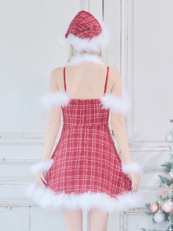画像15: 【即日発送！】【サンタコス 5点セット】【S-XLサイズ/1カラー】リボンキャミソールフレアツイードサンタコスプレ[HC03] (15)