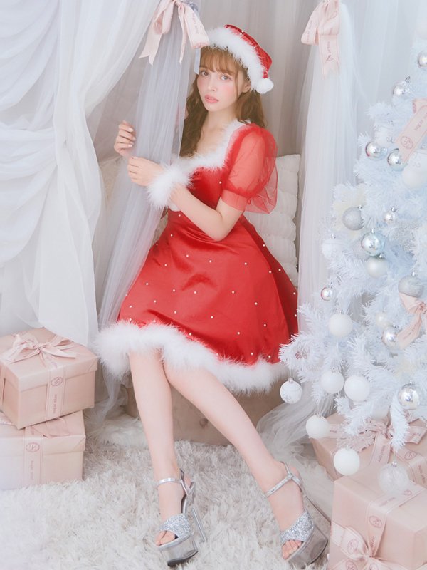 画像3: SALE!【サンタコス 4点セット】【S-Lサイズ/1カラー】ベロアパールフレアスカートサンタコスプレ[YMT] (3)