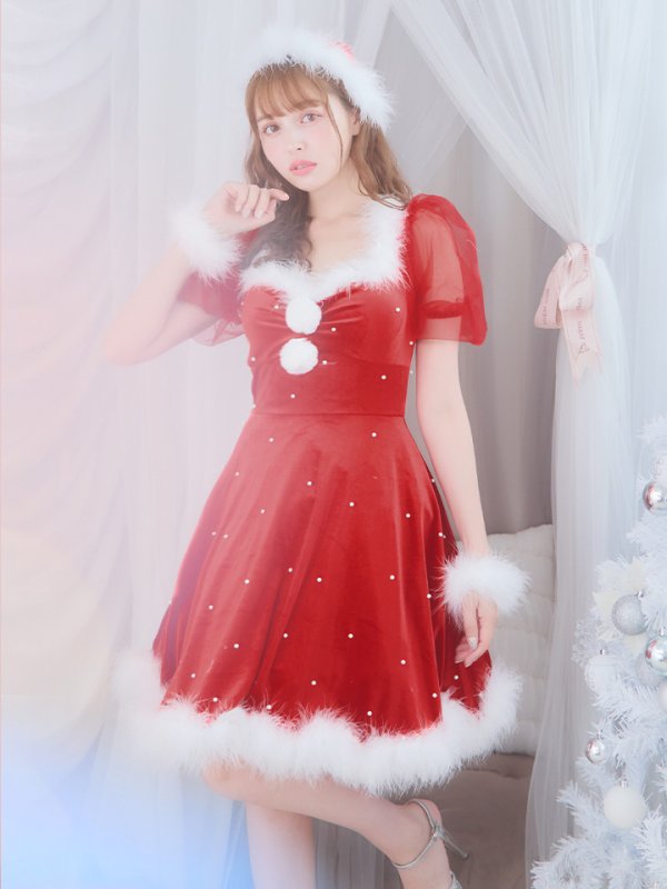 画像1: SALE!【サンタコス 4点セット】【S-Lサイズ/1カラー】ベロアパールフレアスカートサンタコスプレ[YMT] (1)