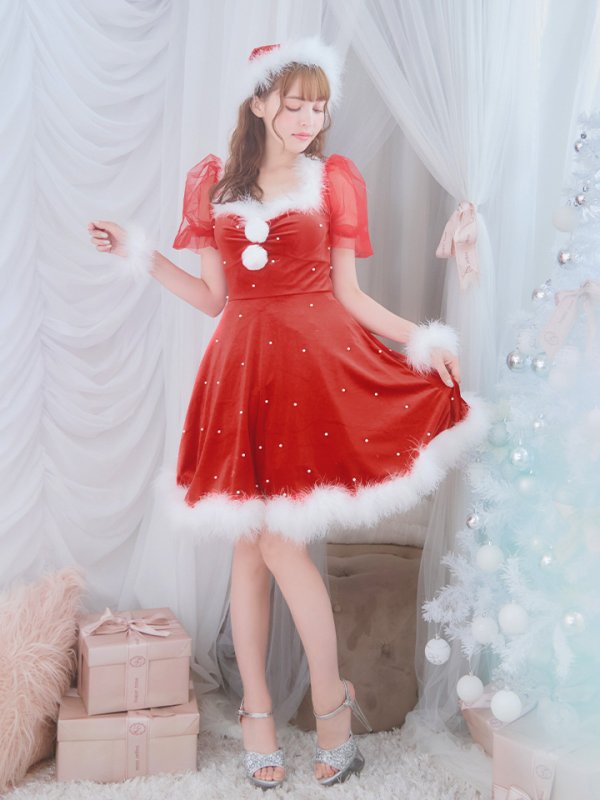 画像5: SALE!【サンタコス 4点セット】【S-Lサイズ/1カラー】ベロアパールフレアスカートサンタコスプレ[YMT] (5)