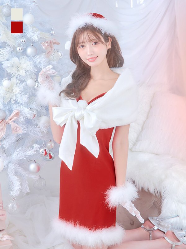 画像2: 【ノベルティ対象】【即日発送！】【サンタコス 5点セット】【S-Lサイズ/2カラー】サテンリボンファーサンタコスプレ[YMT] (2)