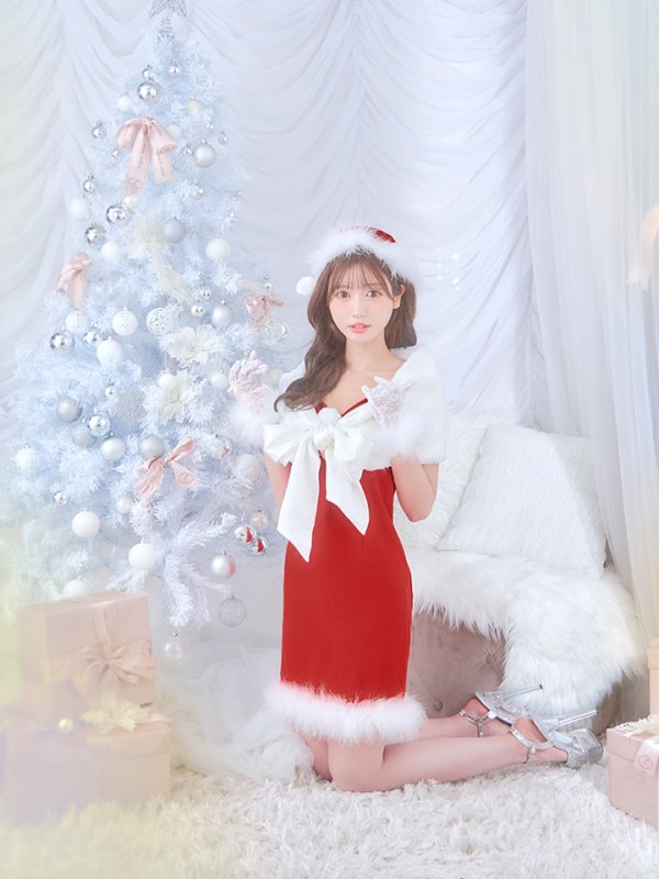 画像6: 【ノベルティ対象】【即日発送！】【サンタコス 5点セット】【S-Lサイズ/2カラー】サテンリボンファーサンタコスプレ[YMT] (6)