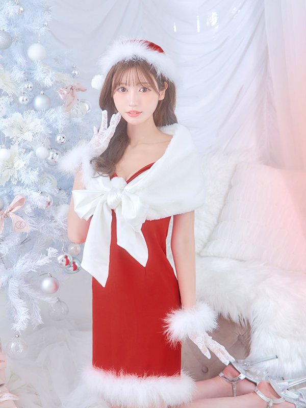 画像7: 【ノベルティ対象】【即日発送！】【サンタコス 5点セット】【S-Lサイズ/2カラー】サテンリボンファーサンタコスプレ[YMT] (7)