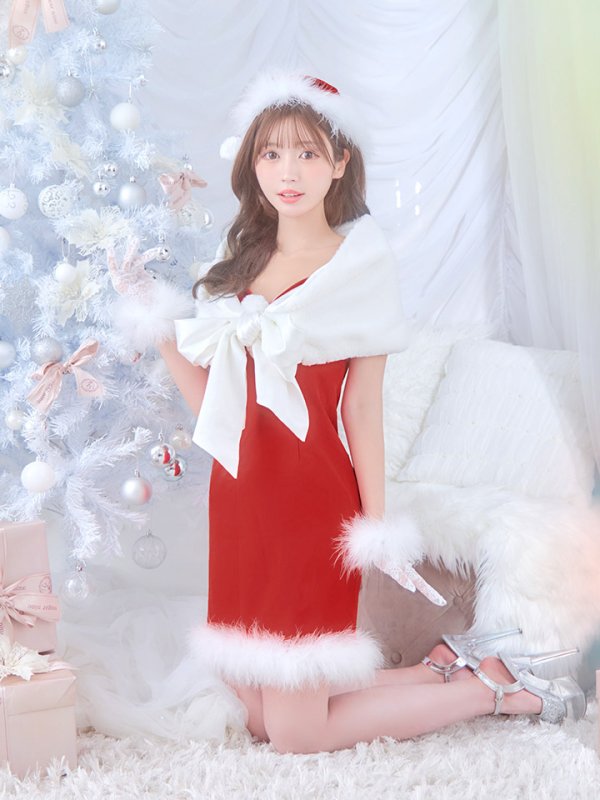 画像13: 【ノベルティ対象】【即日発送！】【サンタコス 5点セット】【S-Lサイズ/2カラー】サテンリボンファーサンタコスプレ[YMT] (13)