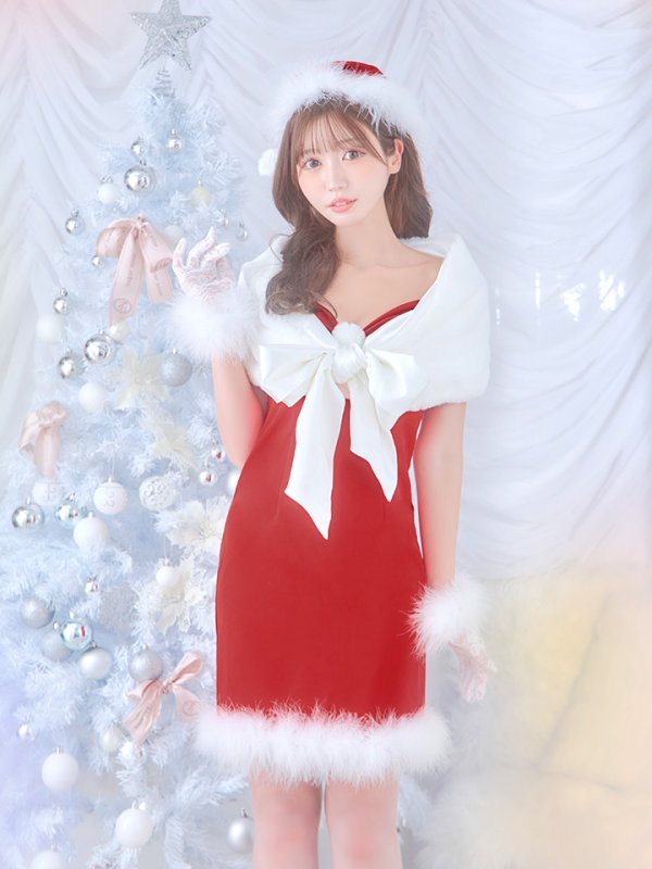 画像14: 【ノベルティ対象】【即日発送！】【サンタコス 5点セット】【S-Lサイズ/2カラー】サテンリボンファーサンタコスプレ[YMT] (14)