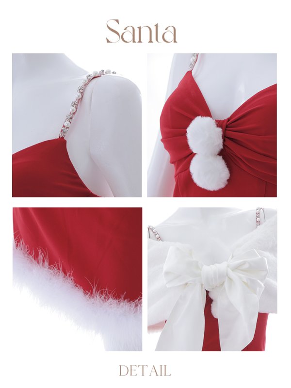 画像23: 【ノベルティ対象】【即日発送！】【サンタコス 5点セット】【S-Lサイズ/2カラー】サテンリボンファーサンタコスプレ[YMT] (23)
