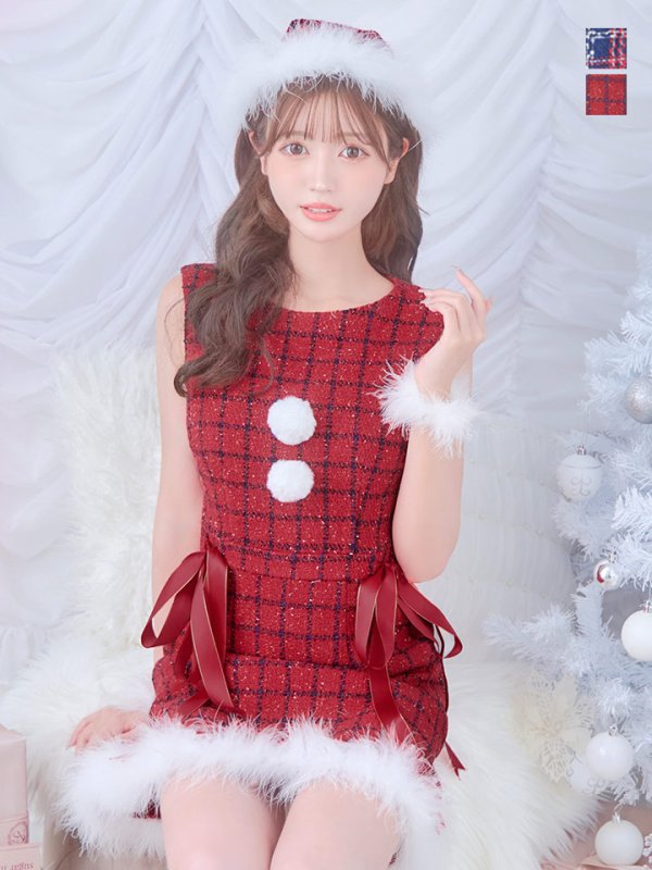 画像2: SALE!【サンタコス 4点セット】【S-Lサイズ/2カラー】サイドリボンツイードサンタコスプレ[OF04] (2)