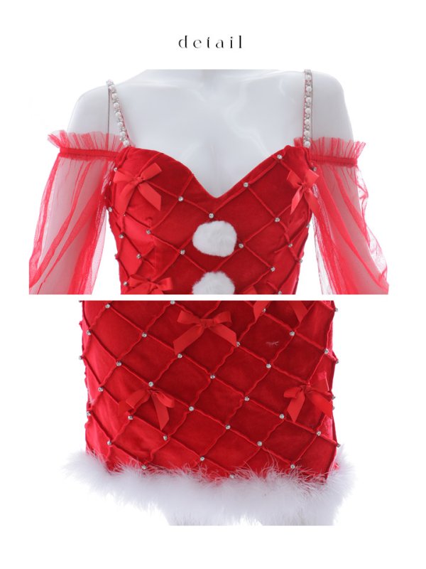 画像23: 【ノベルティ対象】【即日発送！】【サンタコス 3点セット】【XS-XLサイズ/2カラー】キルティングリボン袖付きタイトサンタ[YMT] (23)