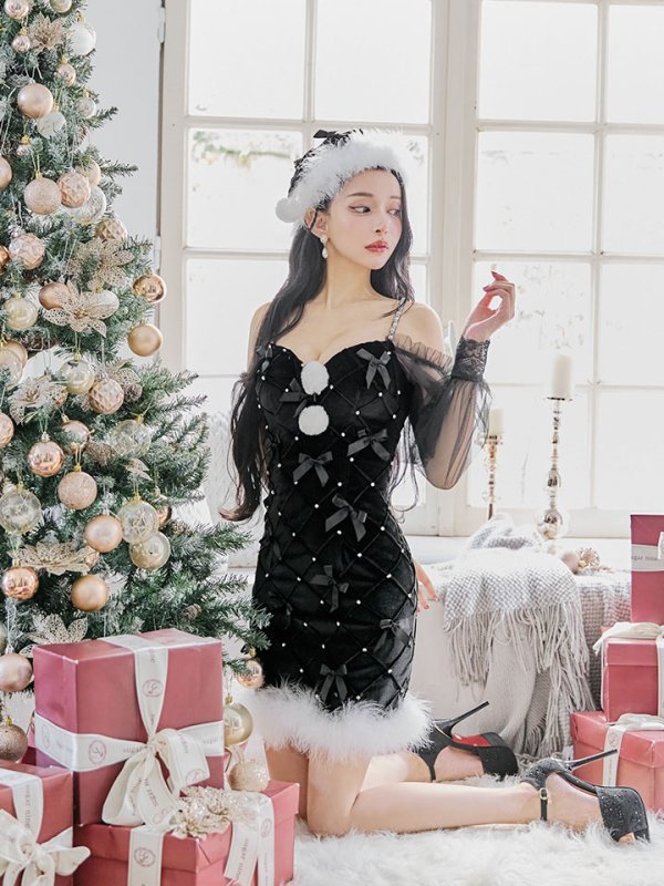 画像23: 【ノベルティ対象】【即日発送！】【サンタコス 3点セット】【XS-XLサイズ/2カラー】キルティングリボン袖付きタイトサンタ[YMT] (23)