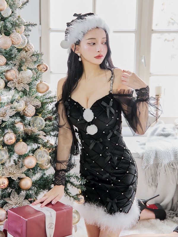 画像27: 【ノベルティ対象】【即日発送！】【サンタコス 3点セット】【XS-XLサイズ/2カラー】キルティングリボン袖付きタイトサンタ[YMT] (27)