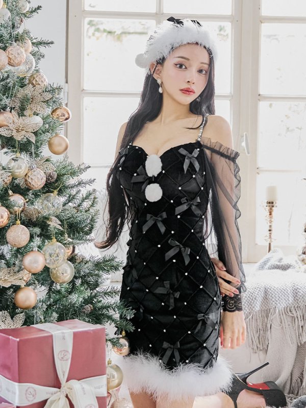 画像28: 【ノベルティ対象】【即日発送！】【サンタコス 3点セット】【XS-XLサイズ/2カラー】キルティングリボン袖付きタイトサンタ[YMT] (28)