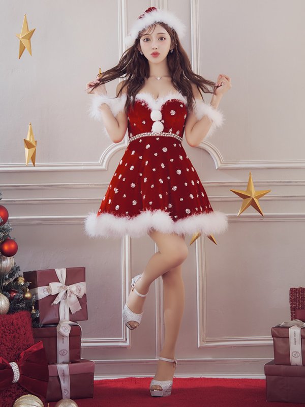 画像17: 【即日発送！】【サンタコス 4点セット】【XS-XLサイズ/1カラー】ビジューショルダーフレアサンタ[OF04] (17)