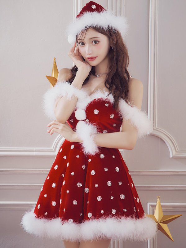 画像3: 【即日発送！】【サンタコス 4点セット】【XS-XLサイズ/1カラー】ビジューショルダーフレアサンタ[OF04] (3)