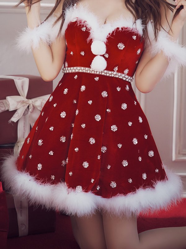 画像7: 【即日発送！】【サンタコス 4点セット】【XS-XLサイズ/1カラー】ビジューショルダーフレアサンタ[OF04] (7)