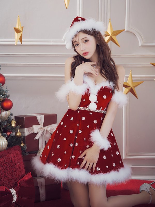 画像8: 【即日発送！】【サンタコス 4点セット】【XS-XLサイズ/1カラー】ビジューショルダーフレアサンタ[OF04] (8)