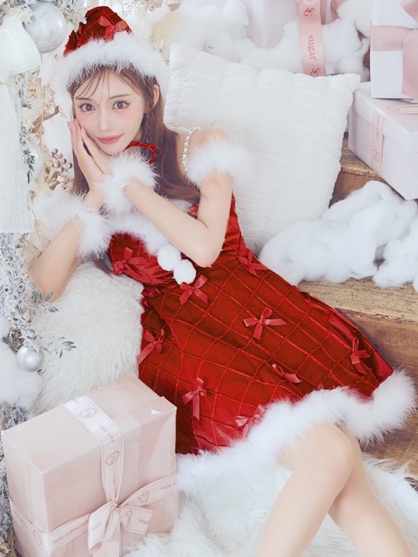 画像2: 【ノベルティ対象】【即日発送！】【サンタコス 4点セット】【XS-XLサイズ/2カラー】リボンモチーフパールショルダーフレアサンタ[YMT] (2)