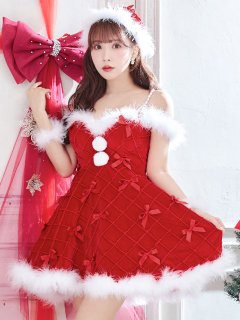 【サンタSALE!!】【即日発送！】【サンタコス 4点セット】【XS-XLサイズ/2カラー】リボンモチーフパールショルダーフレアサンタ[HC03]