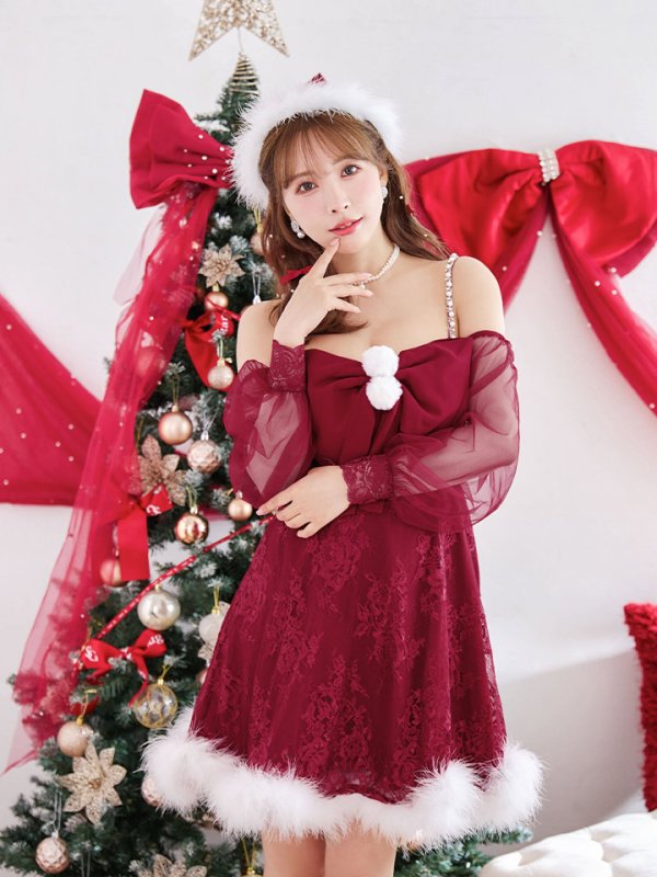 画像11: 【ノベルティ対象】【即日発送！】【サンタコス 3点セット】【XS-Lサイズ/2カラー】フロントビッグリボンオフショル袖付きフレアサンタ[YMT] (11)