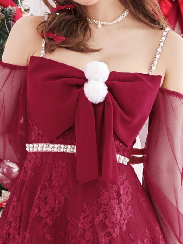 画像19: 【ノベルティ対象】【即日発送！】【サンタコス 3点セット】【XS-Lサイズ/2カラー】フロントビッグリボンオフショル袖付きフレアサンタ[YMT] (19)