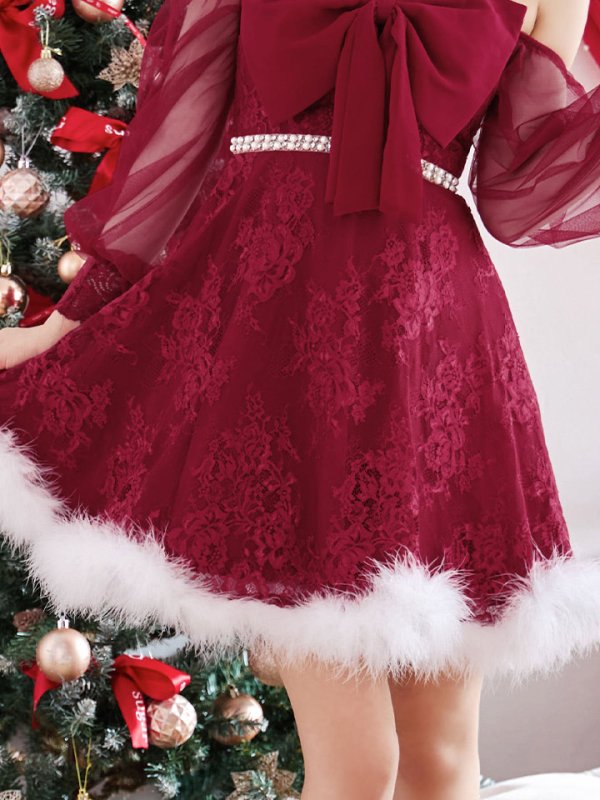 画像21: 【ノベルティ対象】【即日発送！】【サンタコス 3点セット】【XS-Lサイズ/2カラー】フロントビッグリボンオフショル袖付きフレアサンタ[YMT] (21)