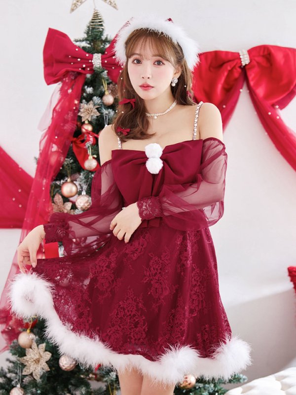 画像5: 【ノベルティ対象】【即日発送！】【サンタコス 3点セット】【XS-Lサイズ/2カラー】フロントビッグリボンオフショル袖付きフレアサンタ[YMT] (5)