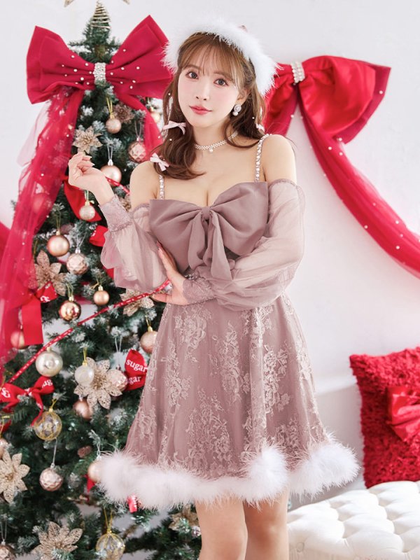 画像3: 【ノベルティ対象】【即日発送！】【サンタコス 3点セット】【XS-Lサイズ/2カラー】フロントビッグリボンオフショル袖付きフレアサンタ[YMT] (3)