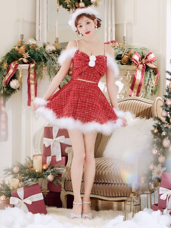 画像4: 【即日発送！】【サンタコス 5点セット】【XS-XLサイズ/2カラー】フロントリボンセットアップツイードサンタ[OF04] (4)