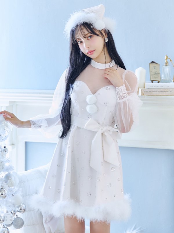 画像2: 【ノベルティ対象】【即日発送！】【サンタコス 4点セット】【XS-XLサイズ/2カラー】チュールロングスリーブハイネックサンタ[YMT] (2)