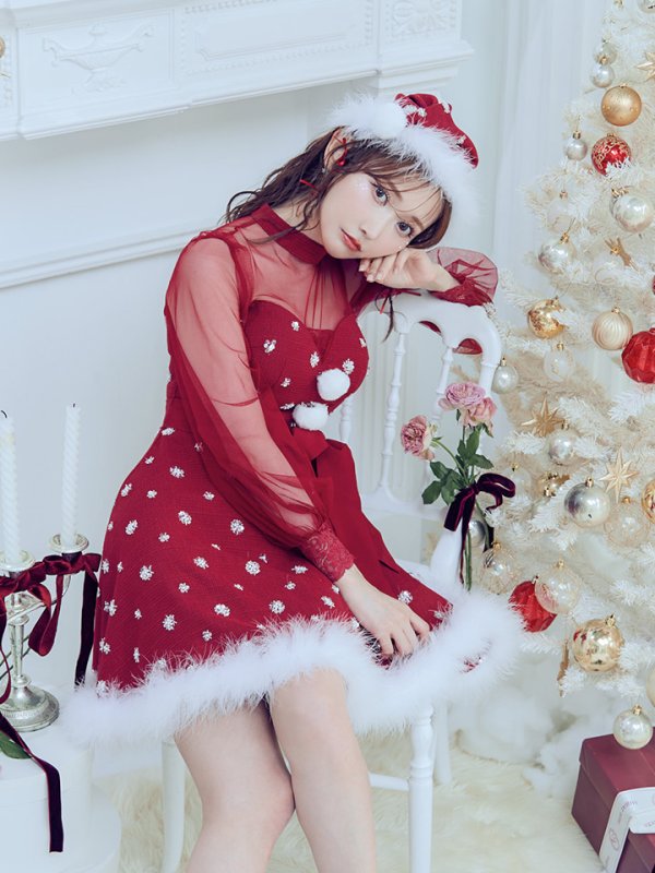 画像19: 【ノベルティ対象】【即日発送！】【サンタコス 4点セット】【XS-XLサイズ/2カラー】チュールロングスリーブハイネックサンタ[YMT] (19)