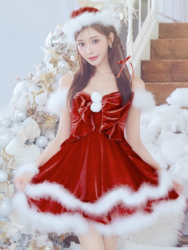 画像11: 【ノベルティ対象】【即日発送！】【サンタコス 4点セット】【XS-Lサイズ/4カラー】フロントビッグリボンオフショルフレアサンタ[YMT] (11)