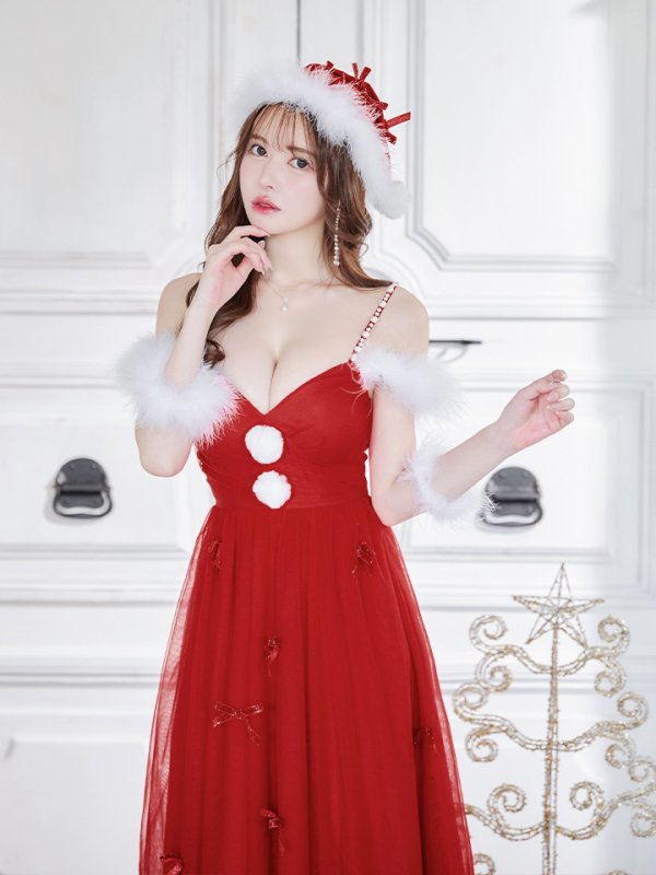 画像3: 【ノベルティ対象】【即日発送】【サンタコス 4点セット】【S-XLサイズ/1カラー】ミディアムスカートキャミリボンサンタコスプレ[YMT] (3)