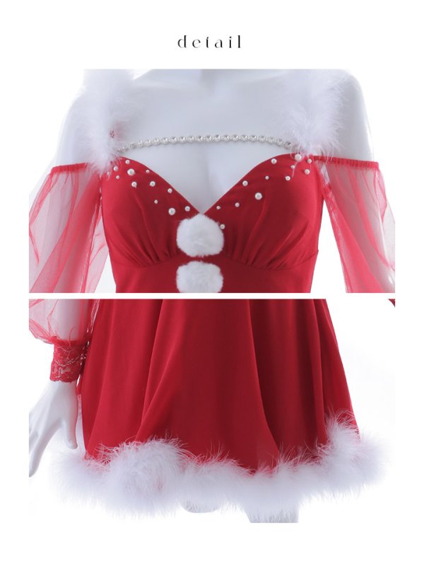 画像34: 【ノベルティ対象】【即日発送】【サンタコス 3点セット】【XS-XLサイズ/2カラー】シアーチュールオフショルダーサンタコスプレ[OF04] (34)
