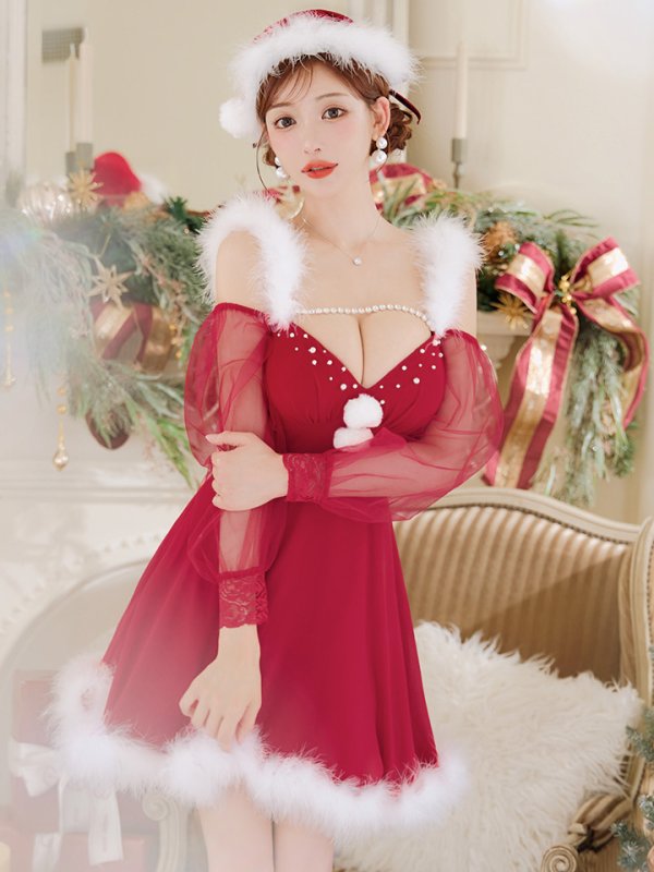 画像11: 【即日発送】【サンタコス 3点セット】【XS-XLサイズ/2カラー】シアーチュールオフショルダーサンタコスプレ[OF04] (11)