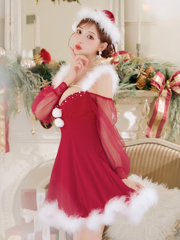 画像12: 【即日発送】【サンタコス 3点セット】【XS-XLサイズ/2カラー】シアーチュールオフショルダーサンタコスプレ[OF04] (12)