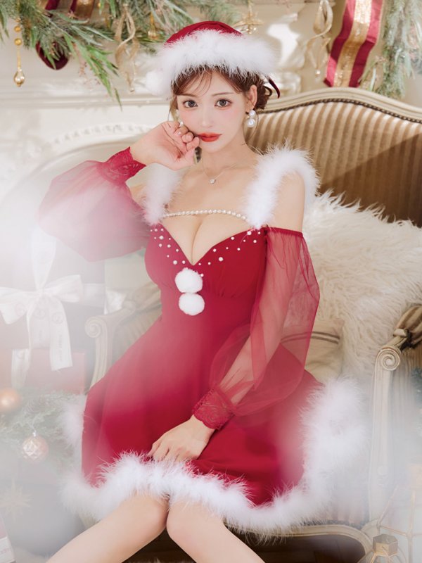 画像16: 【即日発送】【サンタコス 3点セット】【XS-XLサイズ/2カラー】シアーチュールオフショルダーサンタコスプレ[OF04] (16)