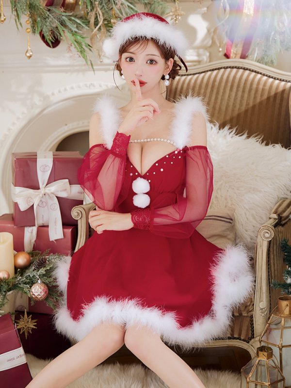 画像18: 【即日発送】【サンタコス 3点セット】【XS-XLサイズ/2カラー】シアーチュールオフショルダーサンタコスプレ[OF04] (18)