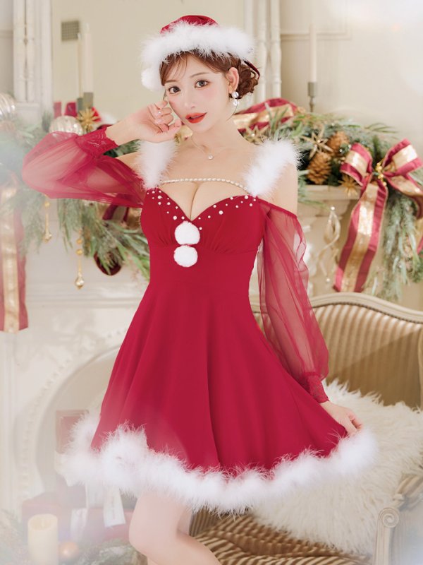 画像5: 【ノベルティ対象】【即日発送】【サンタコス 3点セット】【XS-XLサイズ/2カラー】シアーチュールオフショルダーサンタコスプレ[OF04] (5)