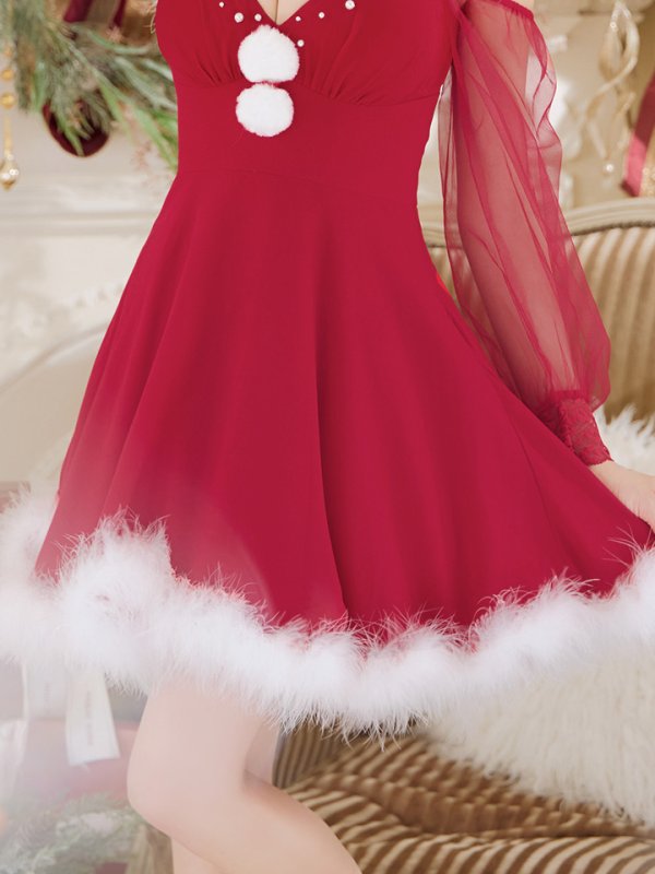 画像8: 【即日発送】【サンタコス 3点セット】【XS-XLサイズ/2カラー】シアーチュールオフショルダーサンタコスプレ[OF04] (8)