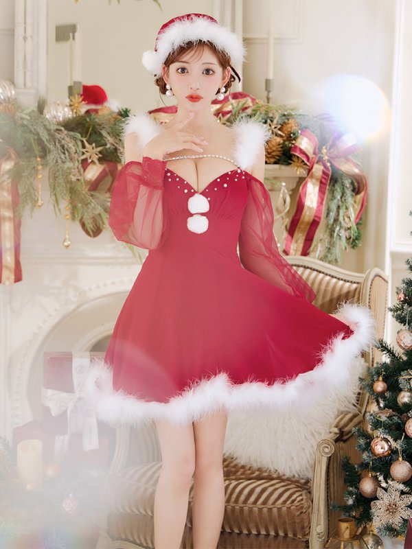 画像10: 【即日発送】【サンタコス 3点セット】【XS-XLサイズ/2カラー】シアーチュールオフショルダーサンタコスプレ[OF04] (10)