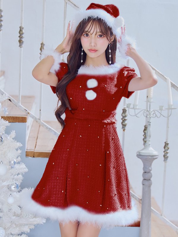 画像8: 【ノベルティ対象】【即日発送！】【サンタコス 4点セット】【XS-XLサイズ/3カラー】ツイードビジュープリーツスカートサンタコスプレ[YMT] (8)