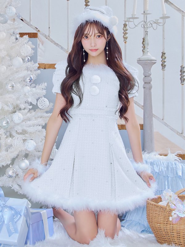 画像2: 【ノベルティ対象】【即日発送！】【サンタコス 4点セット】【XS-XLサイズ/3カラー】ツイードビジュープリーツスカートサンタコスプレ[YMT] (2)