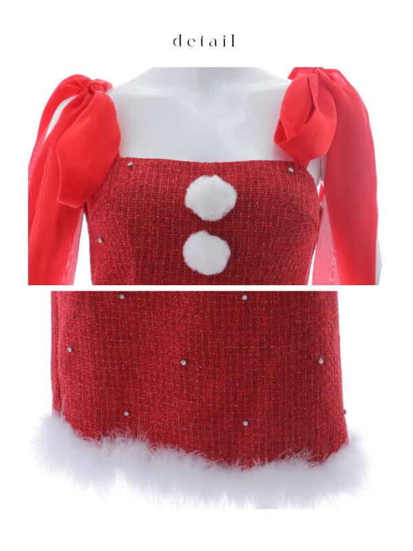 画像45: 【即日発送！】【サンタコス 4点セット】【S-Lサイズ/2カラー】リボンショルダーツイードビジューミディアムサンタコスプレ[OF04] (45)